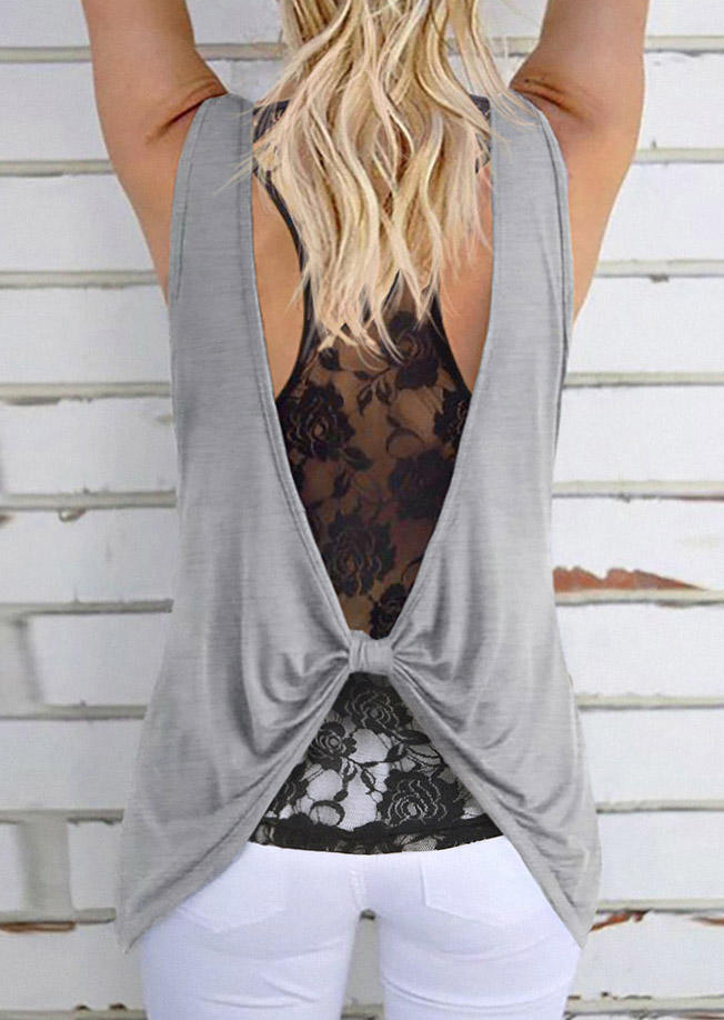 

Lace Splicing Open Back Fake Two-Piece Tank - Gray, SCM012596