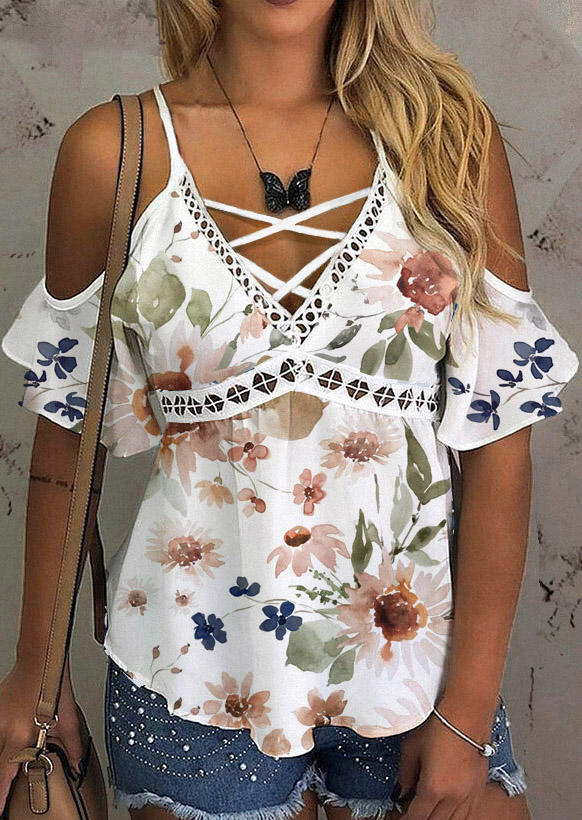 

Floral Lace Criss-Cross Cold Shoulder Blouse, Multicolor, SCM013118