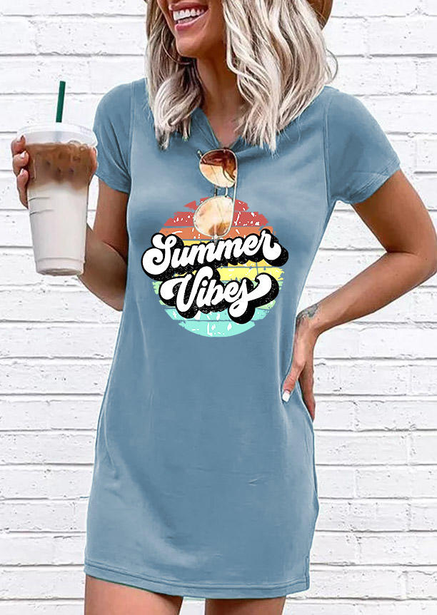 

Summer Vibes Short Sleeve O-Neck Mini Dress - Light Blue, Green, SCM013164