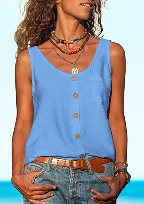 

Button Casual O-Neck Tank - Blue, SCM013476
