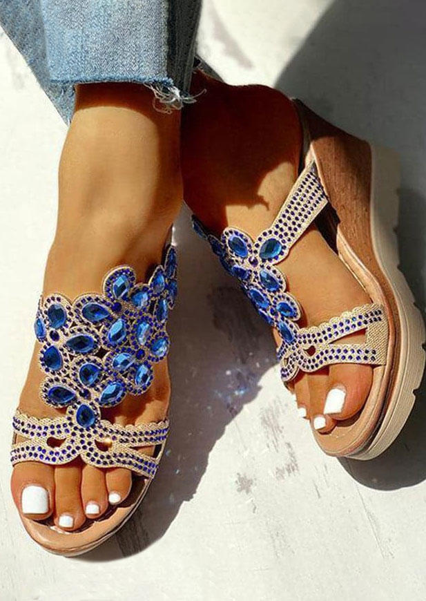 Floral Hollow Out Rhinestone Bohemian Wedge Slippers - Blue