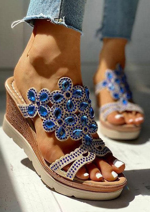 

Floral Hollow Out Rhinestone Bohemian Wedge Slippers - Blue, SCM013668