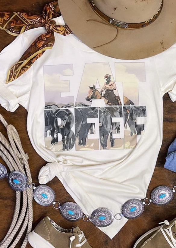 

Eat Beef Cowboy O-Neck T-Shirt Tee - White, SCM014004