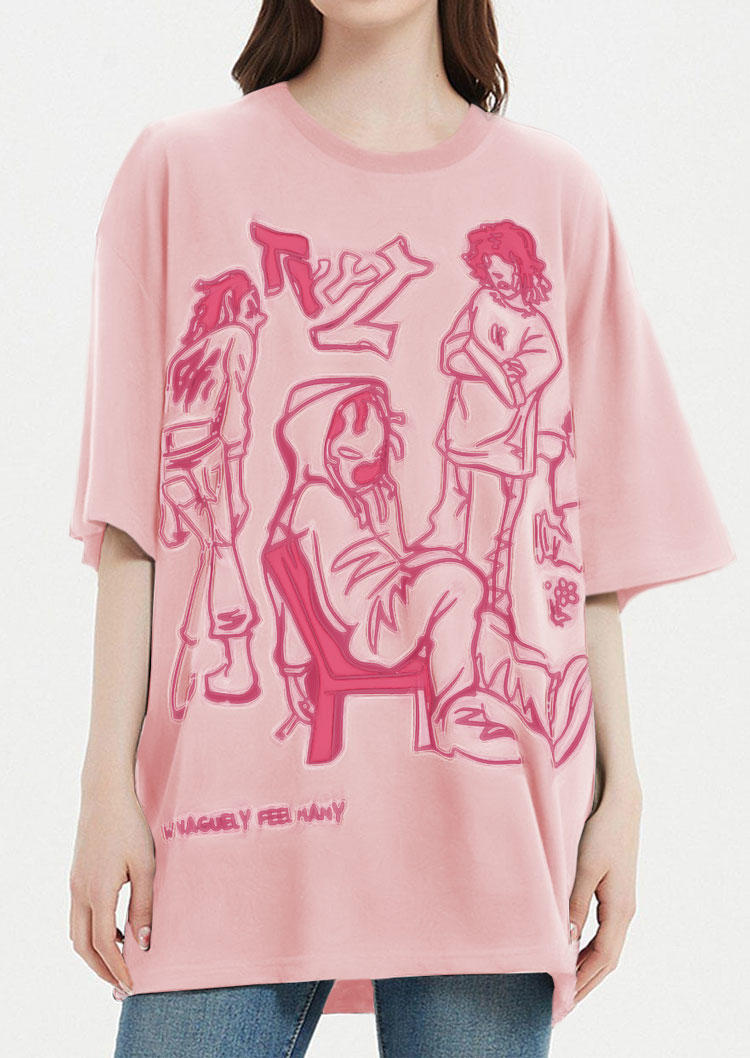 

Cartoon O-Neck Casual T-Shirt Tee - Pink, SCM014069