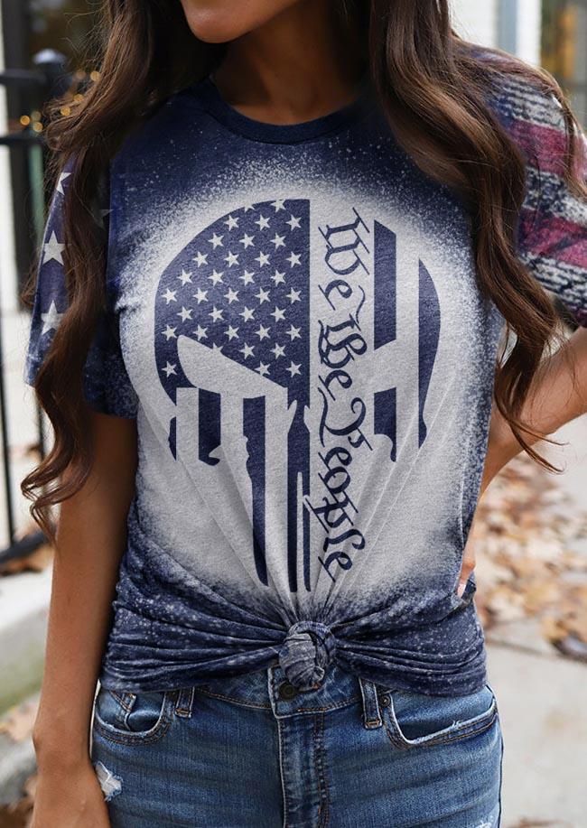 We The People American Flag Skull Bleached T-Shirt Tee - Blue
