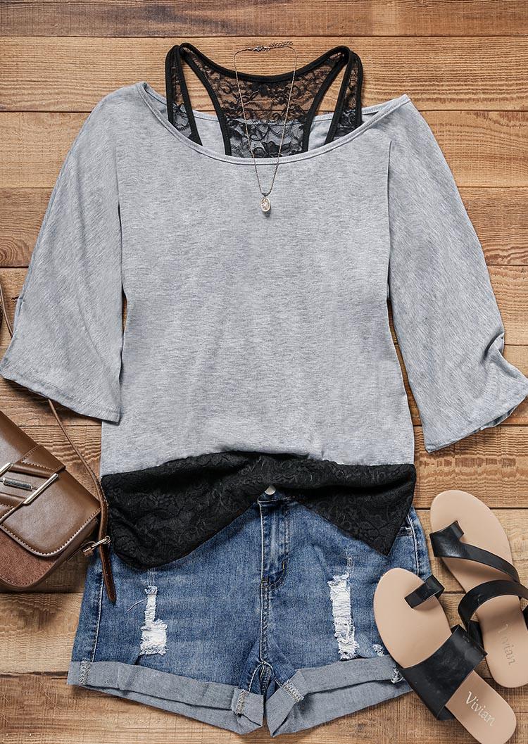 Lace Splicing Fake Two-Piece Blouse - Gray