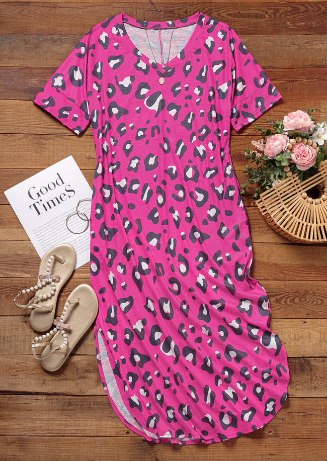 Leopard Short Sleeve O-Neck Slit Maxi Dress