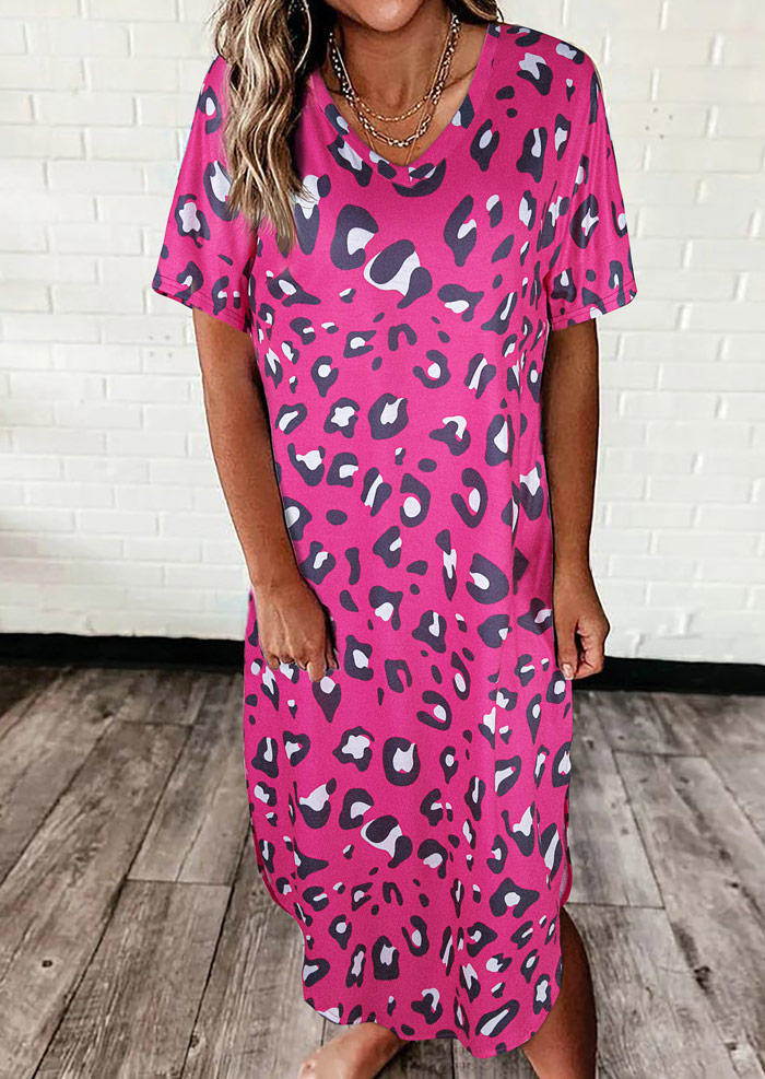 

Leopard Short Sleeve O-Neck Slit Maxi Dress, Multicolor, SCM013892