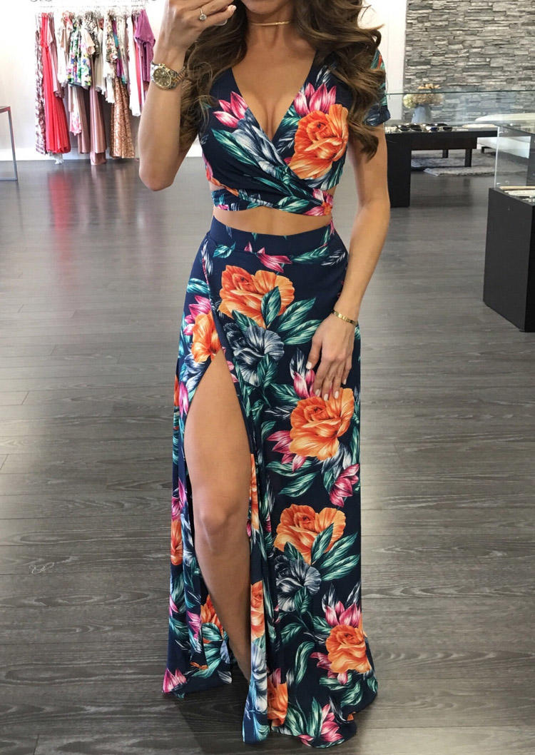 

Floral V-Neck Tie Crop Top And Slit Skirt, Multicolor, SCM013927