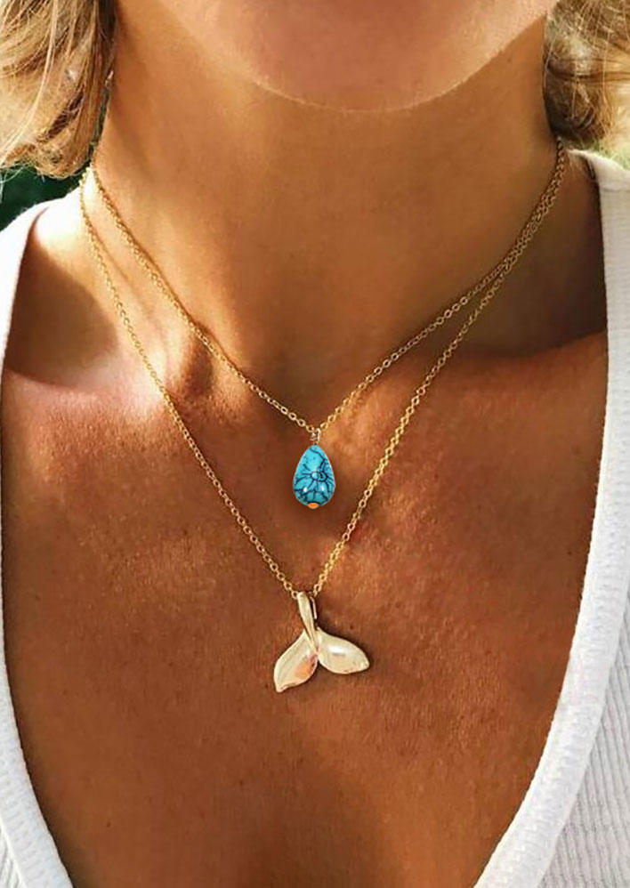 

Turquoise Fshtail Dual-Layered Necklace, Gold, SCM014163