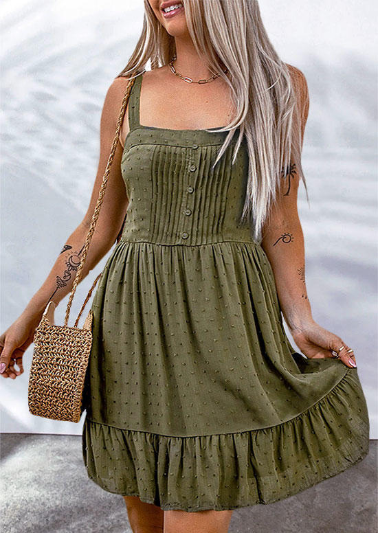 

Button Ruffled Sleeveless Mini Dress - Army Green, SCM013254