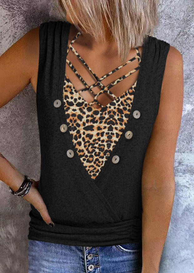 

Leopard Criss-Cross Button Fake Two-Piece Tank - Black, SCM013327