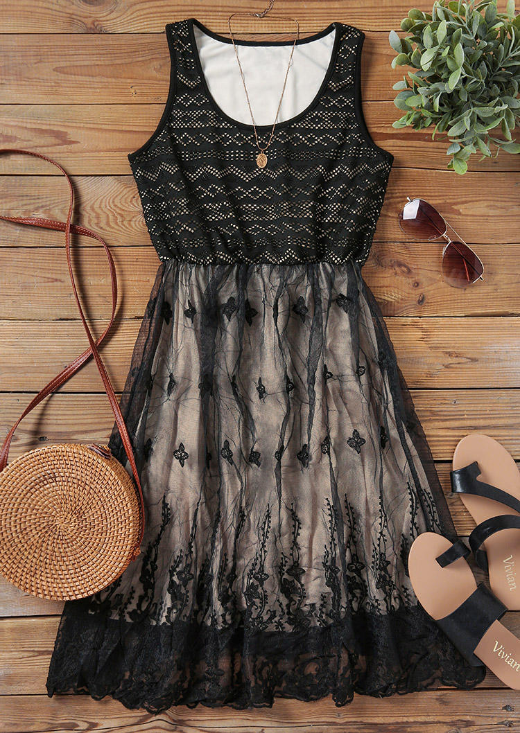 Lace Geometric Sleeveless Mini Dress - Black