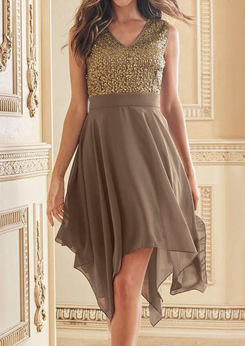 

Glitter Mesh Splicing Sleeveless V-Neck Midi Dress - Dark Khaki, SCM013874