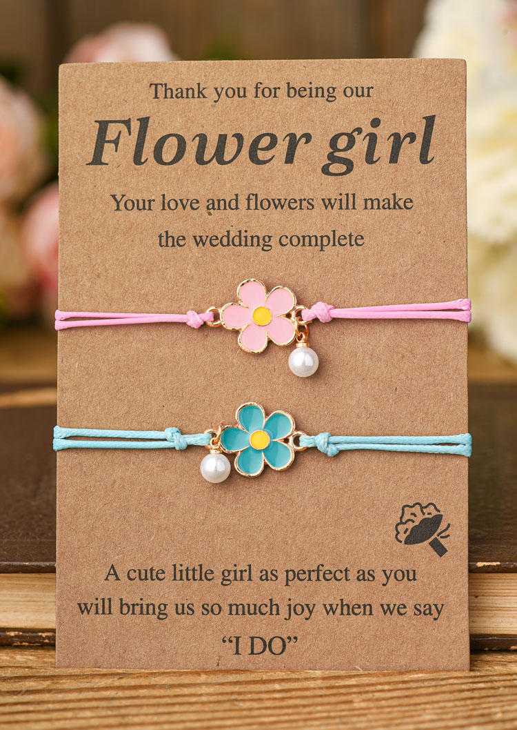 2Pcs Floral Pearls Braided Adjustable Bracelet