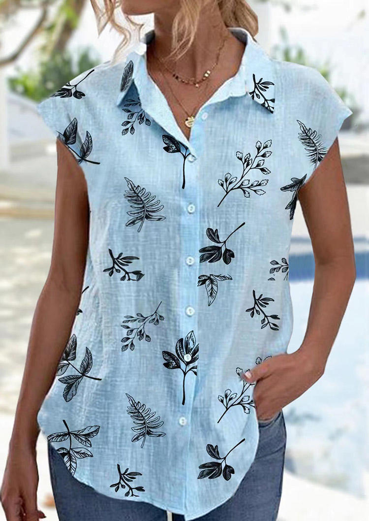 bellelily Leaf Button Turn-Down Collar Shirt - Light Blue
