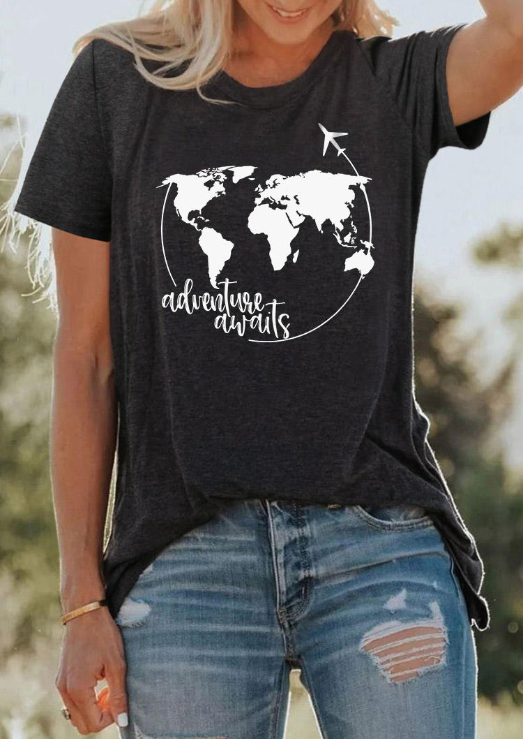 

Adventure Awaits Travel T-Shirt Tee - Dark Grey, Gray, SCM014099