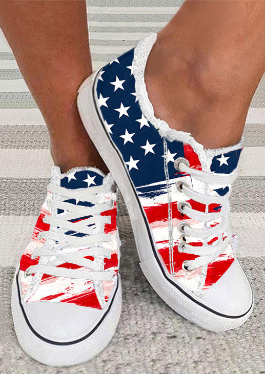 

American Flag Lace Up Flat Sneakers, Multicolor, SCM014119