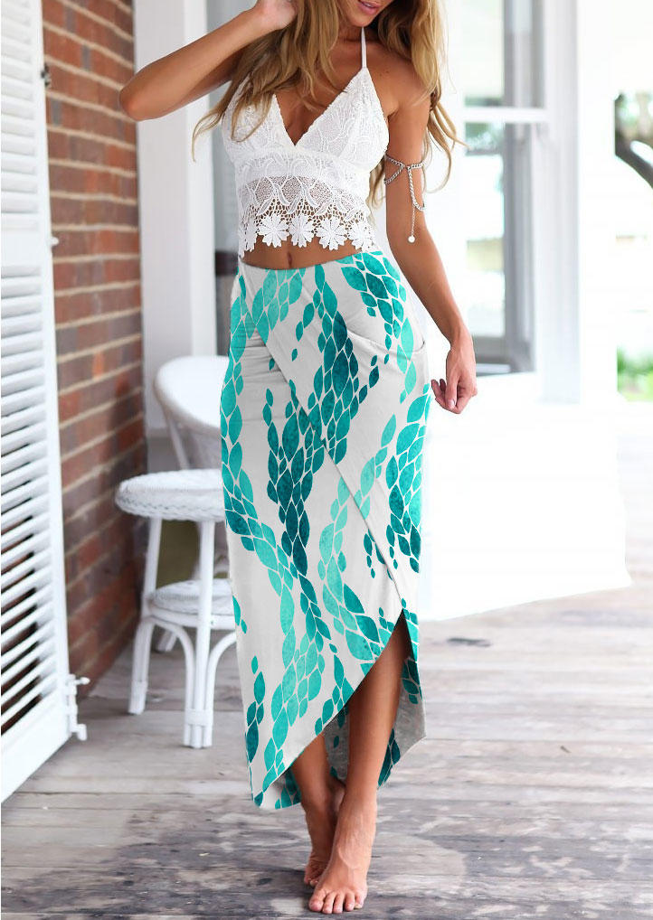 Lace Splicing Halter Crop Top And Seaweed Wrap Skirt