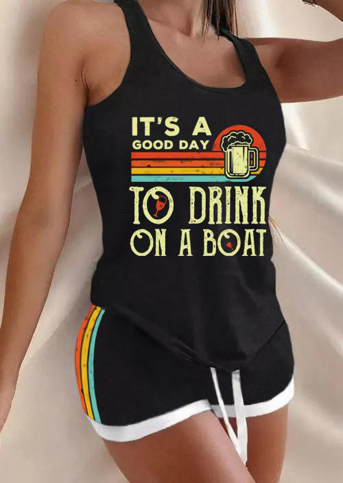 It's A Good Day To Drink On A Boat Racerback Tank And Shorts Pajamas Set - Black