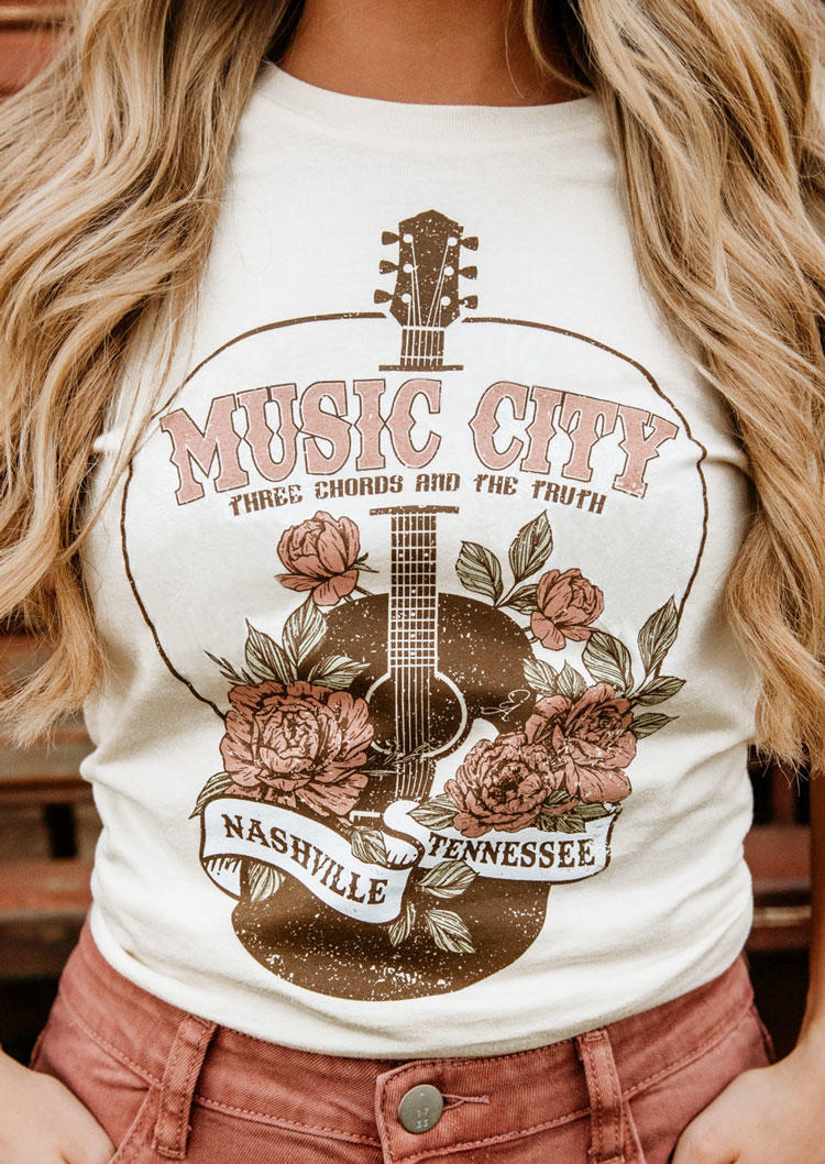 

Music City Rose Guitar O-Neck T-Shirt Tee - White, SCM014158