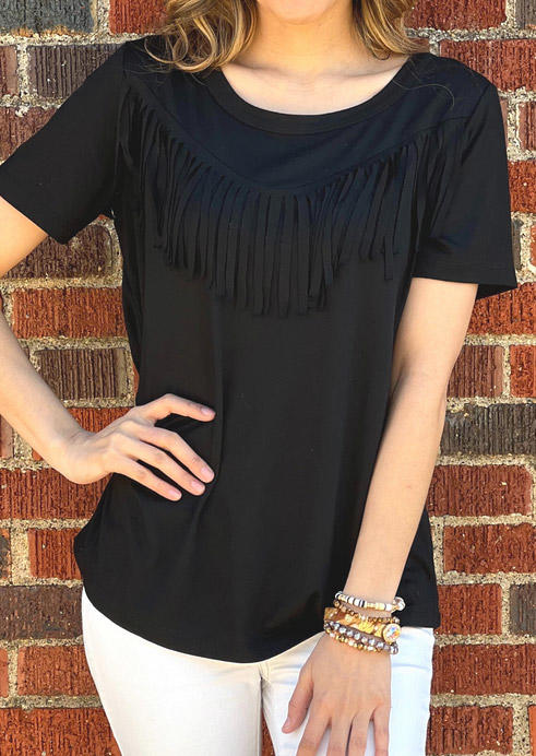 

Tassel Short Sleeve O-Neck Blouse - Black, SCM014215
