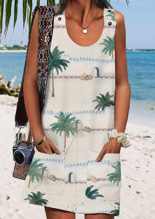 Coconut Tree Pocket Sleeveless Mini Dress