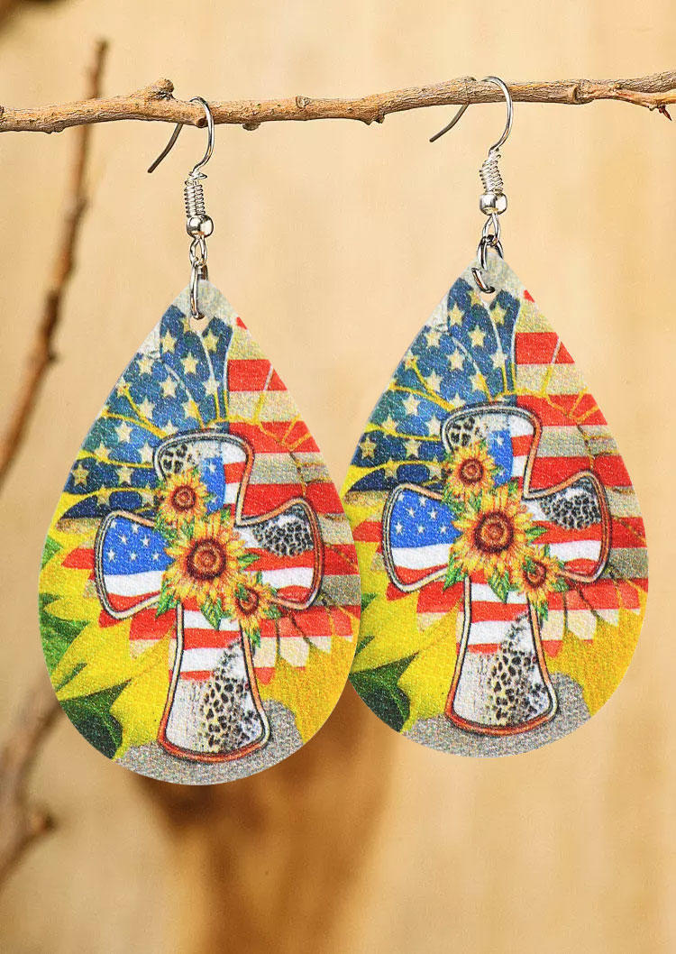 

American Flag Cross Sunflower Leopard Water Drop Earrings, Multicolor, SCM013461