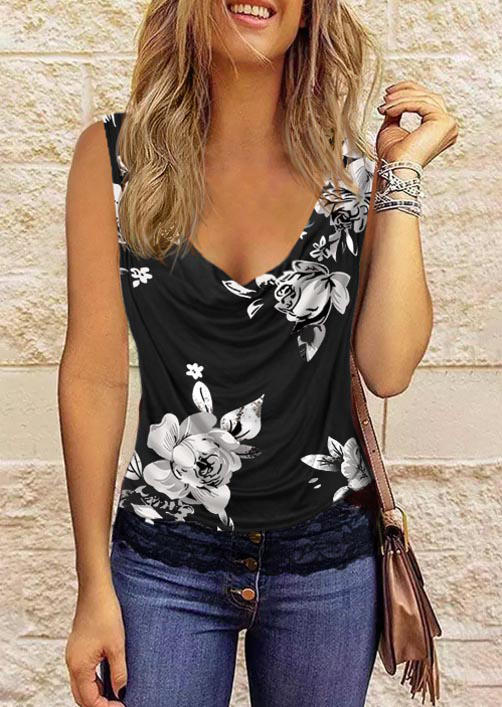

Floral Lace Splicing Draped Tank - Black, SCM014204