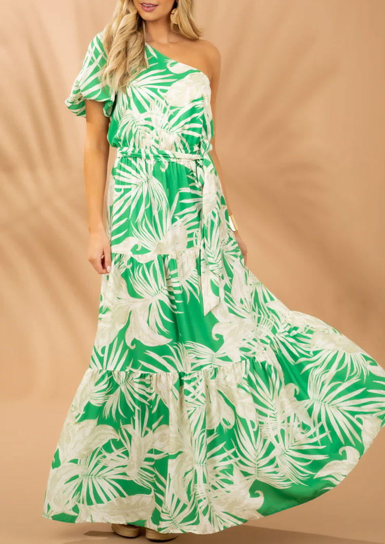 

Leaf Ruffled One Sided Cold Shoulder Maxi Dress with Belt - Green, SCM014270