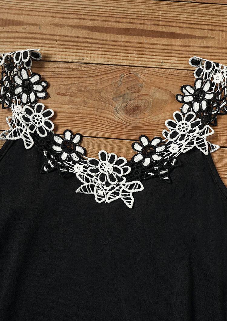 Lace Splicing Pocket Mini Dress - Black