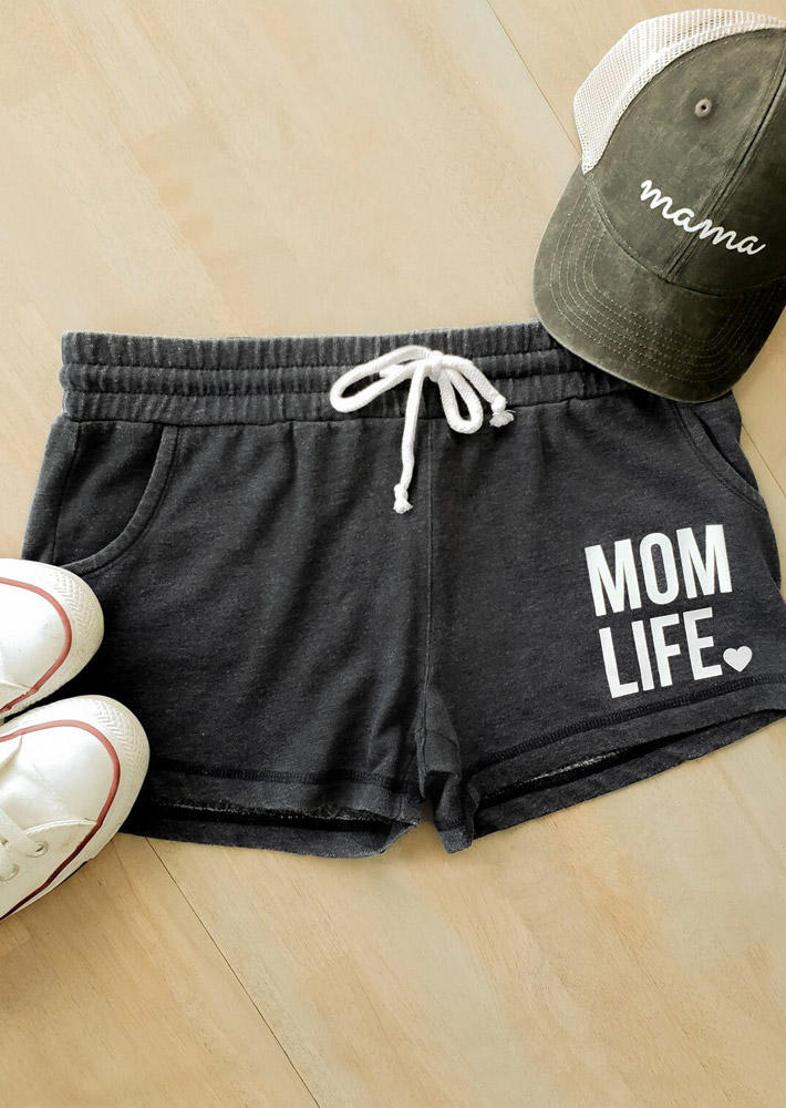 Mom Life Heart Pocket Drawstring Shorts - Dark Grey
