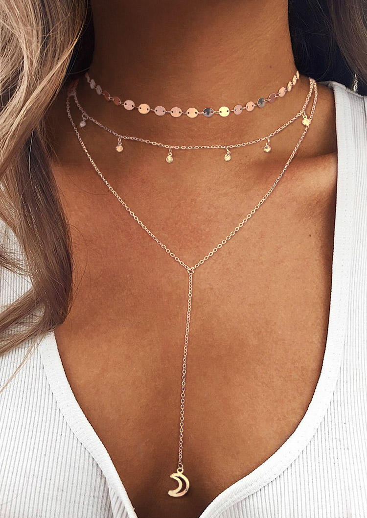 

Moon Rhinestone Disc Multi-Layered Necklace, Gold, SCM014116