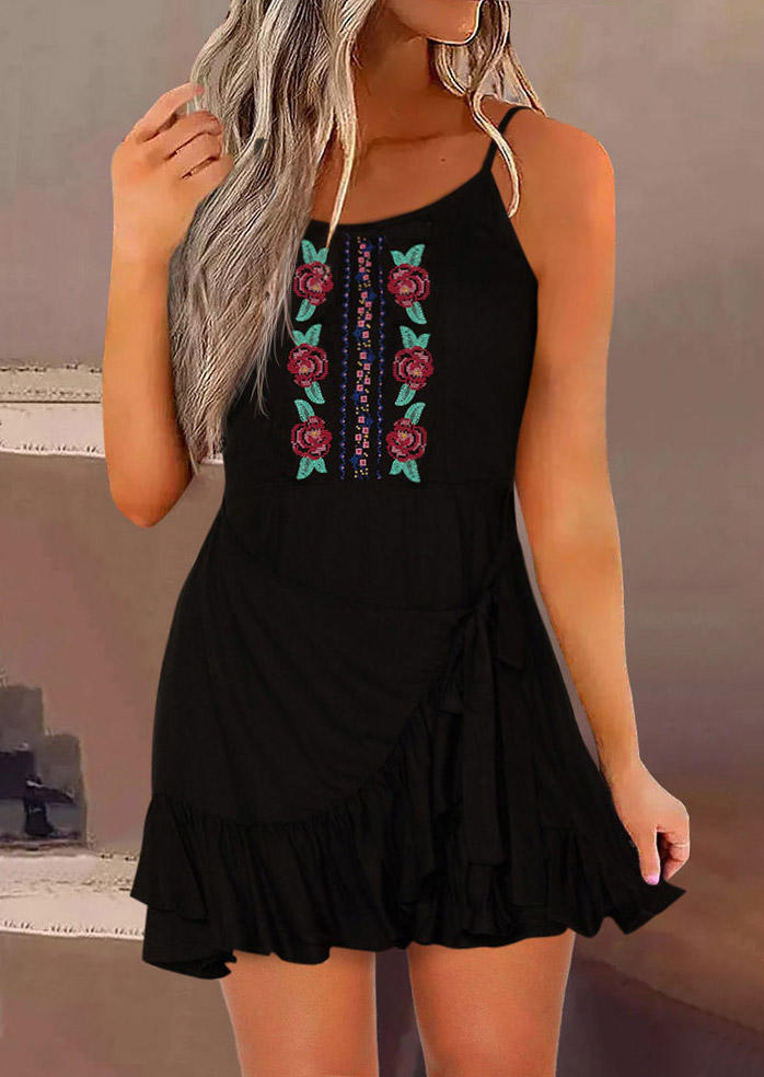 

Floral Embroidered Ruffled Spaghetti Strap Mini Dress - Black, SCM014271