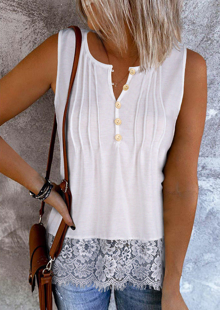 

Lace Splicing Ruffled Button Tank - White, SCM013607