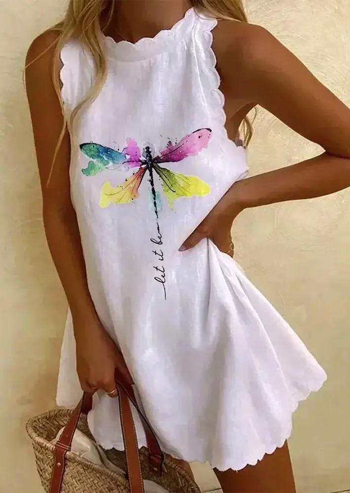 

Let It Be Abstract Dragonfly Scallop Collar Mini Dress - White, SCM013850