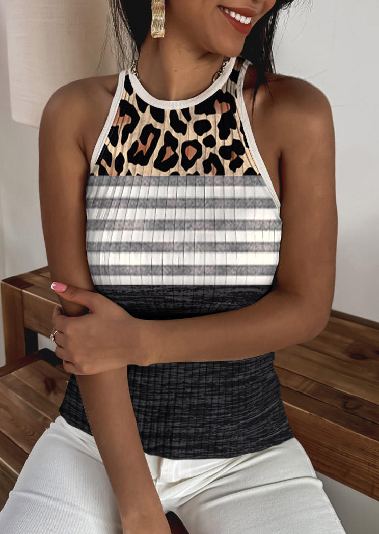

Leopard Striped Color Block Ribbed Tank, Multicolor, SCM014035