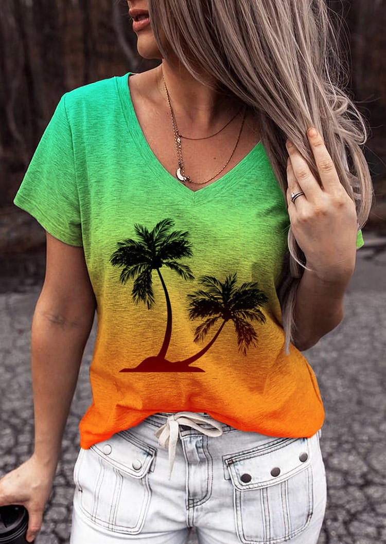 

Gradient Coconut Tree V-Neck T-Shirt Tee, Multicolor, SCM014310