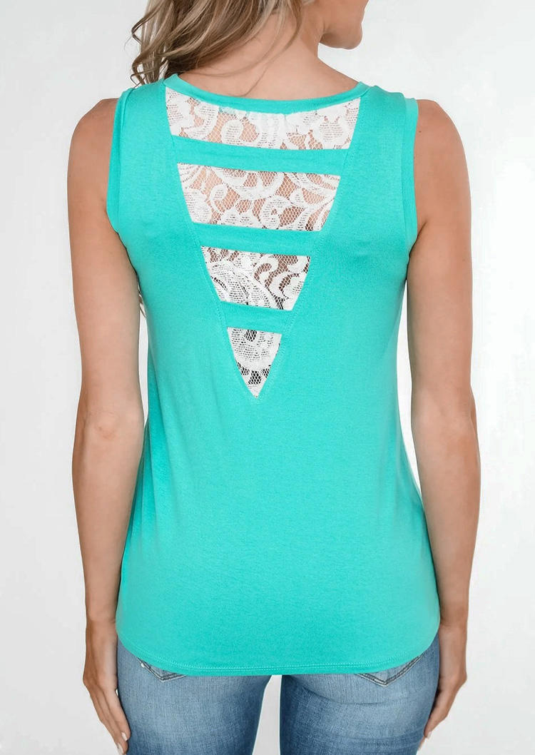 Lace Splicing Hollow Out O-Neck Tank - Lake Blue