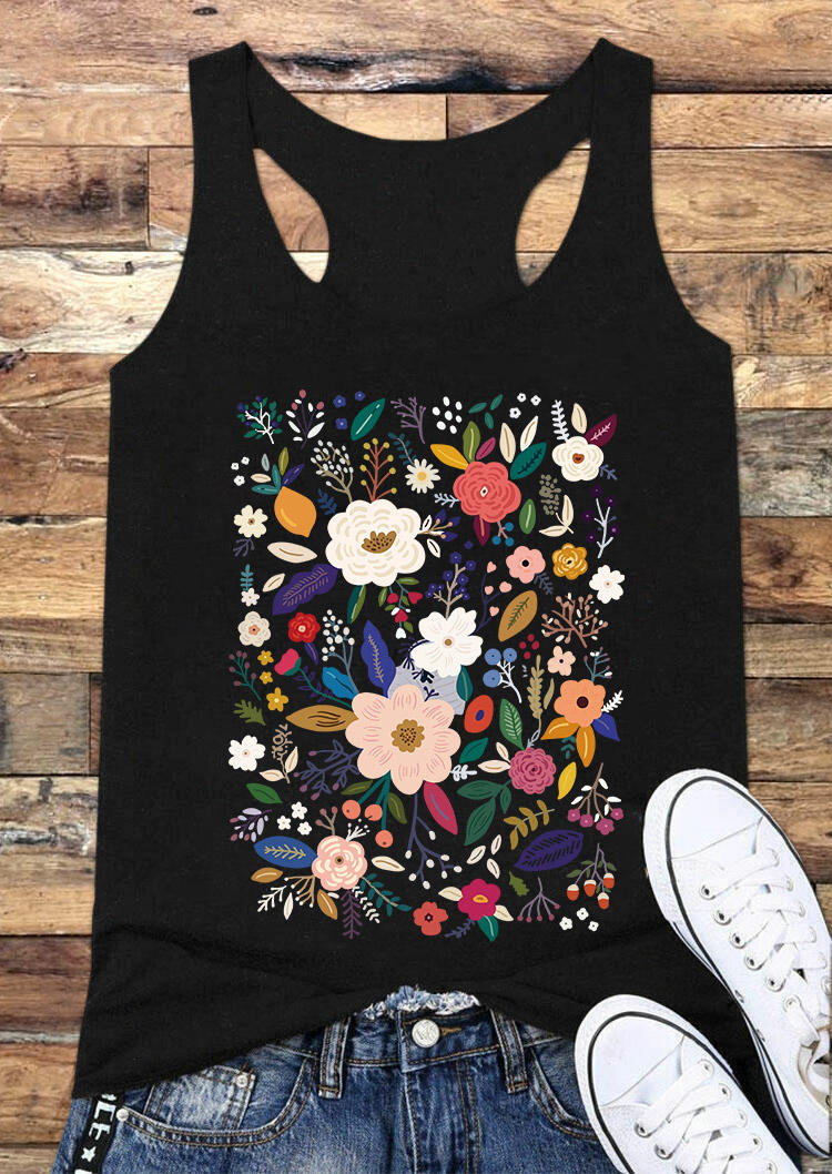 

Floral Leaf O-Neck Racerback Tank - Black, SCM014241
