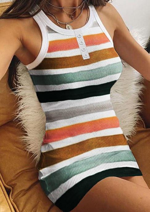 

Striped Button Sleeveless O-Neck Bodycon Dress, Multicolor, SCM014262