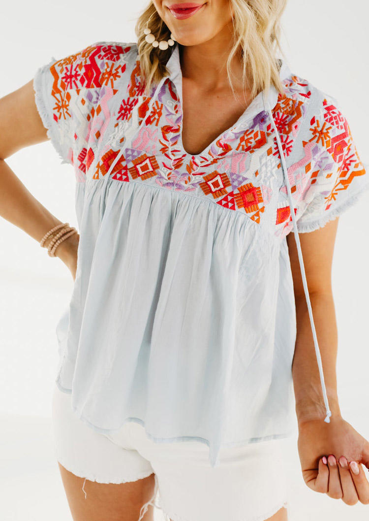

Vintage Geometric Ruffled Blouse - Light Blue, SCM014337
