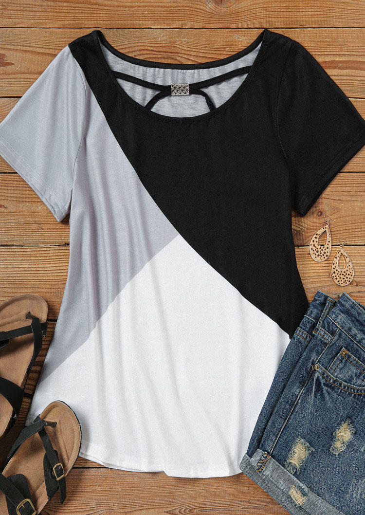 Color Block Hollow Out Short Sleeve Blouse