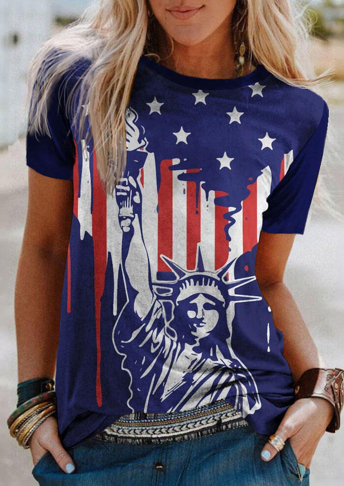 

American Flag Statue Of Liberty T-Shirt Tee - Blue, SCM013763
