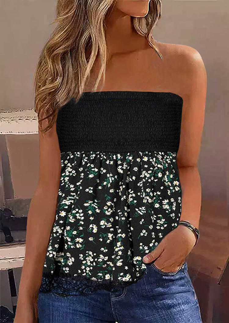 

Ditsy Floral Smocked Lace Splicing Bandeau Tank, Multicolor, SCM013994