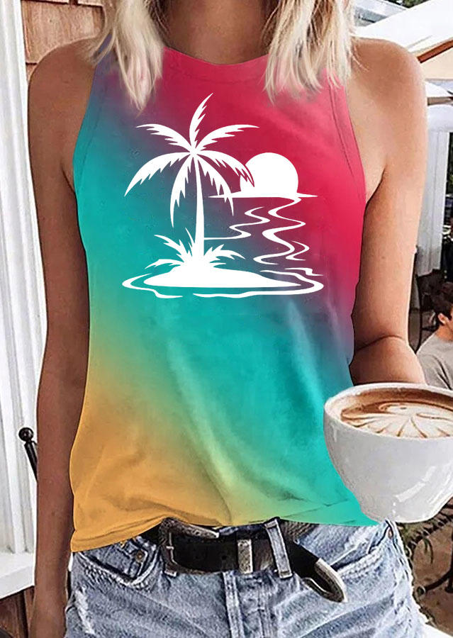 

Gradient Coconut Tree O-Neck Tank, Multicolor, SCM014062