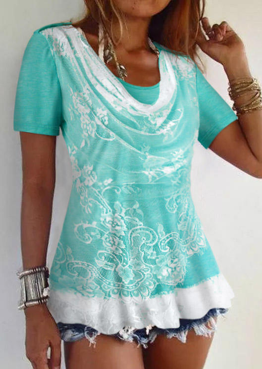 

Lace Splicing Short Sleeve Fake Two-Piece Blouse, Multicolor, SCM014129