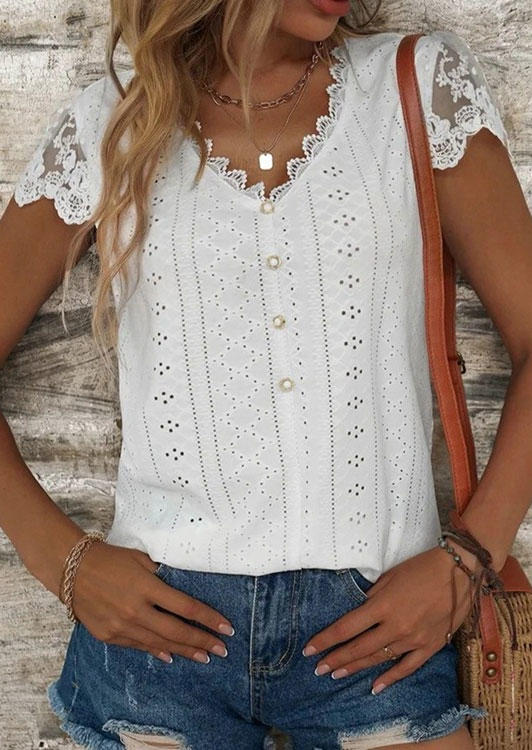 

Hollow Out Lace V-Neck Blouse - White, SCM014136