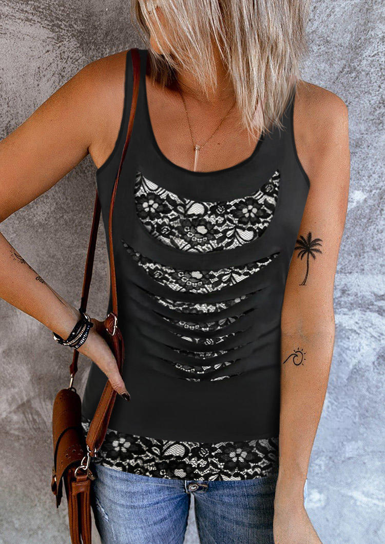 

Floral Hollow Out Racerback Tank - Black, SCM014364