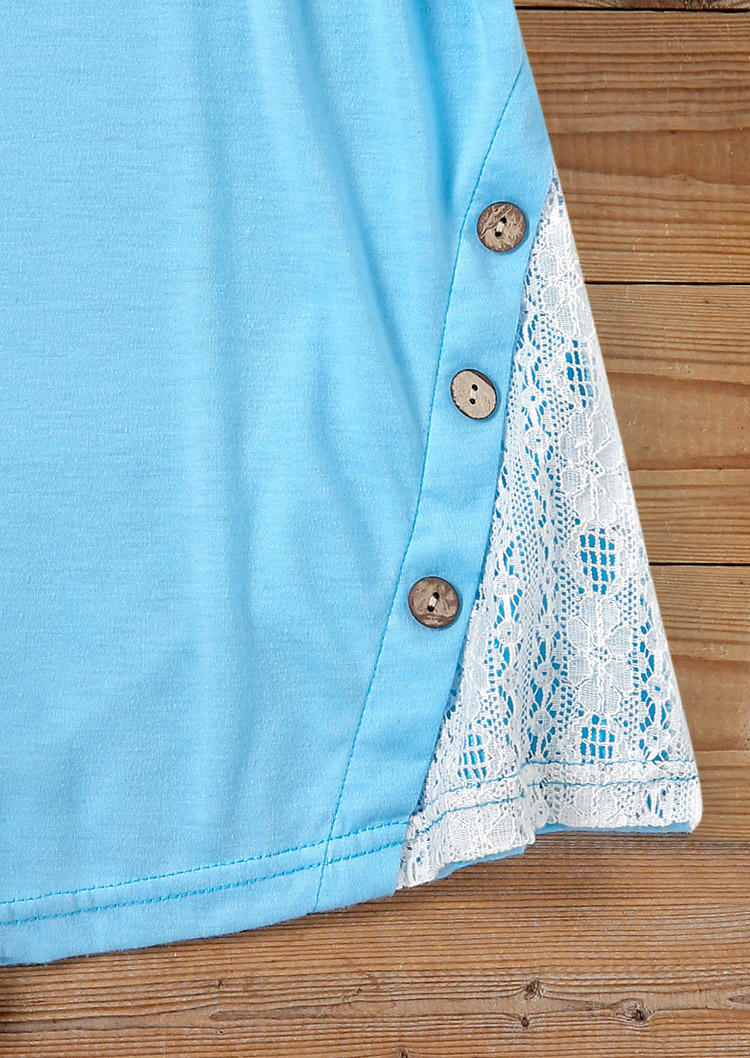 Lace Splicing Button Short Sleeve Blouse - Sky Blue
